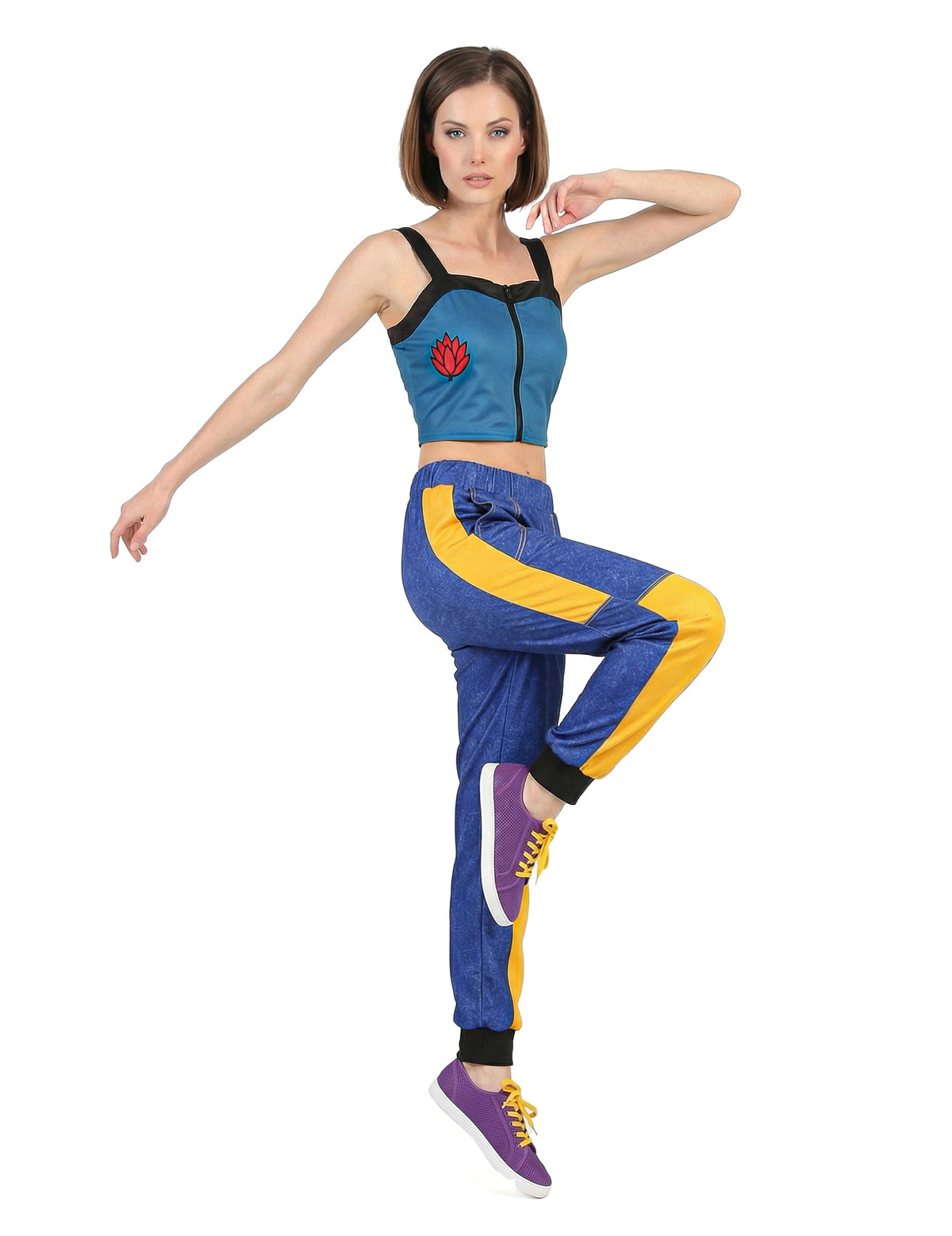 Déguisement star de Kpop pour femme bleu et jaune avec crop top et pantalon de jogging