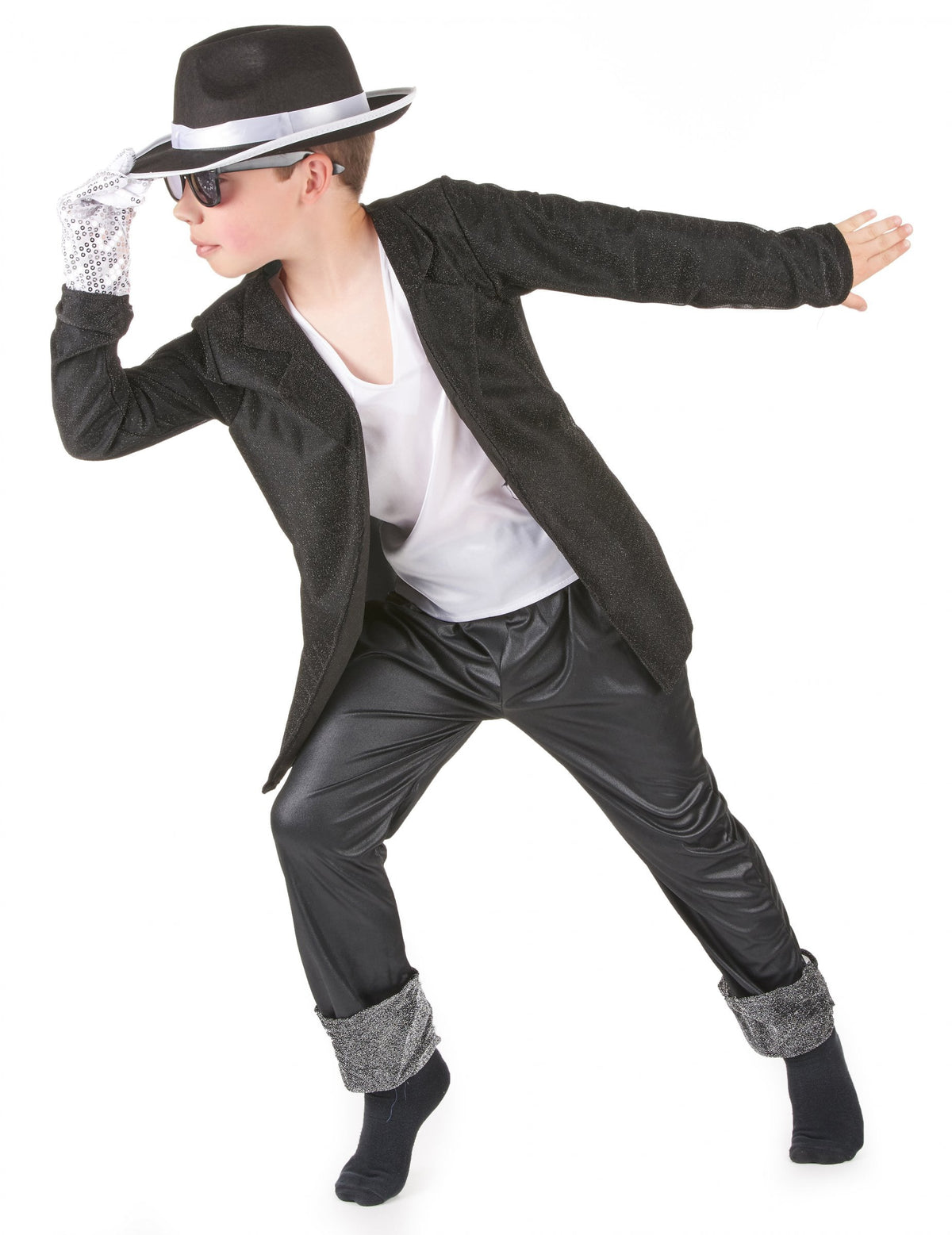 Déguisement star de la pop chic pour garçon noir et argenté avec chapeau et gant