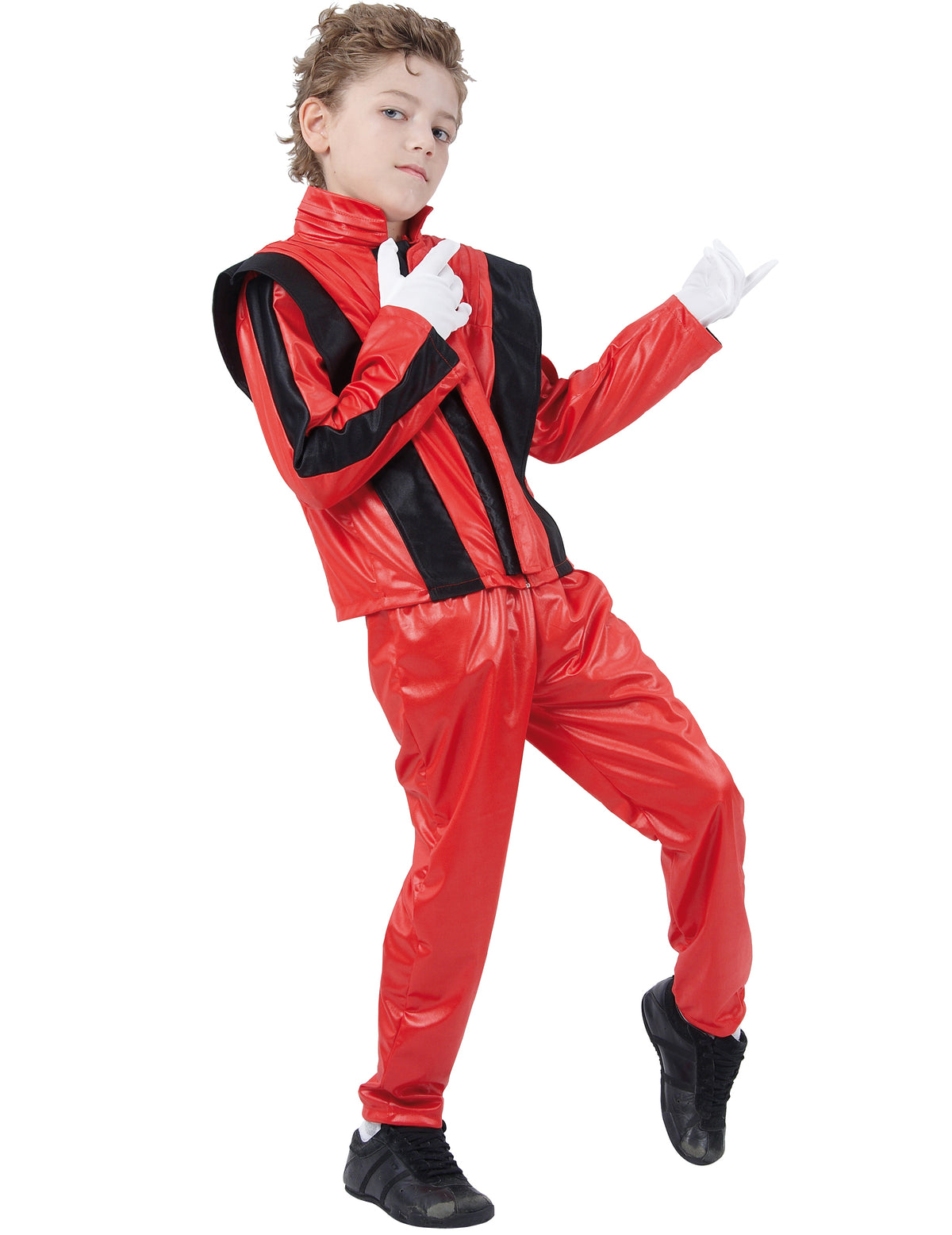 Déguisement star de la pop pour garçon rouge avec bandes noires et gants blancs
