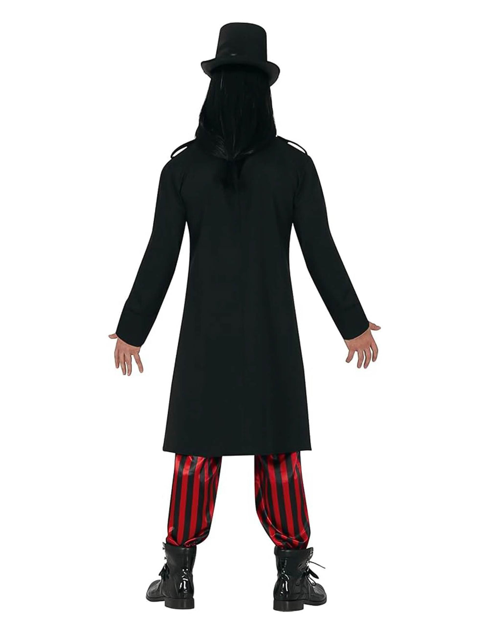 Fato steampunk para adulto preto e vermelho com chapéu alto e óculos