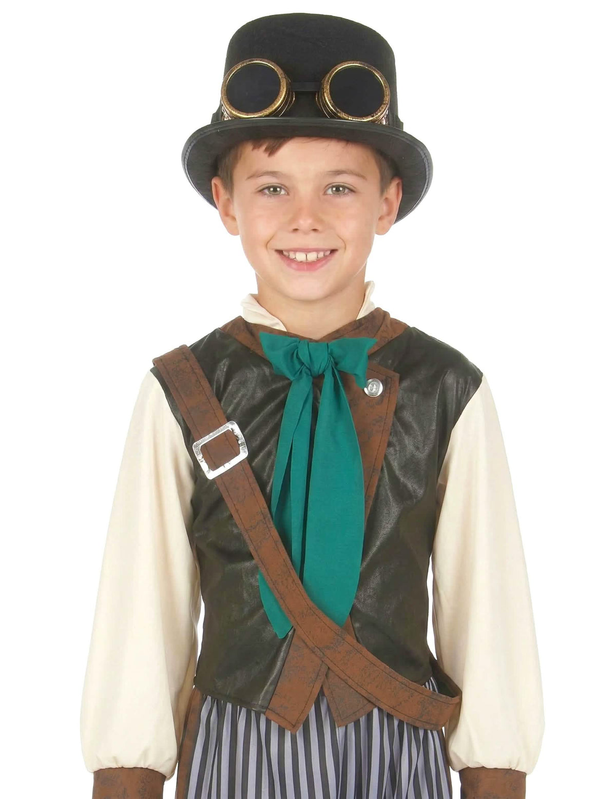 Grande plano no colete e no chapéu do disfarce steampunk dandy para criança