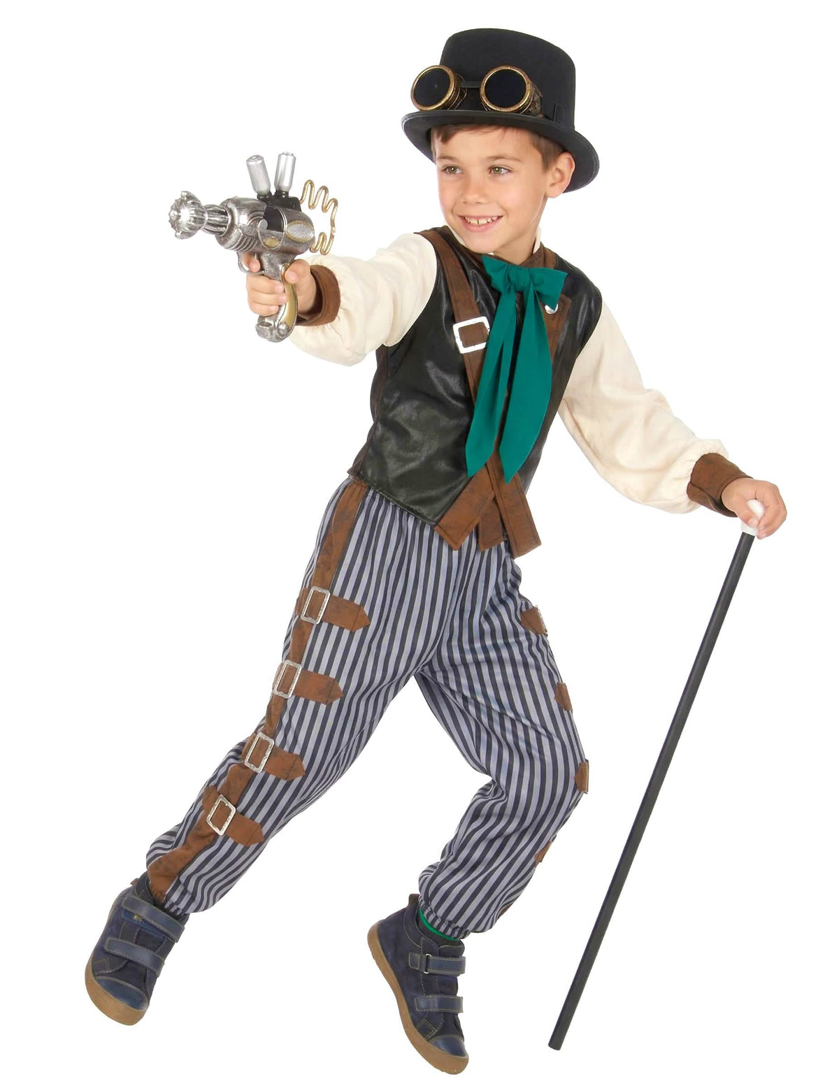 Vista geral com acessórios do disfarce steampunk dandy para criança
