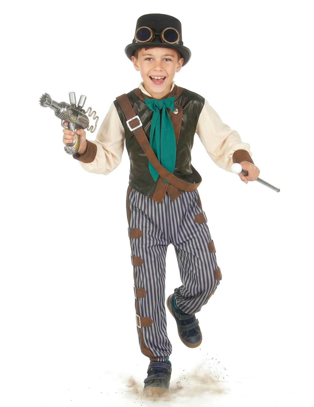 Encenação com pistola e bengala do disfarce steampunk dandy para criança