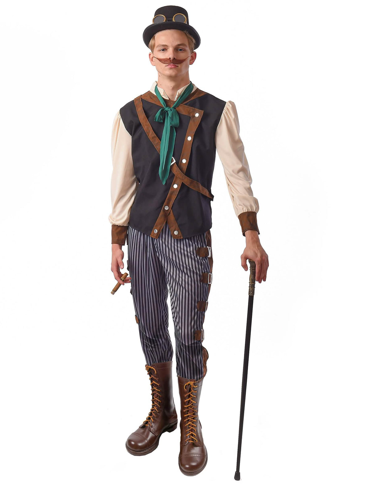 Fato steampunk dandy para homem castanho e preto com colete e calças às riscas