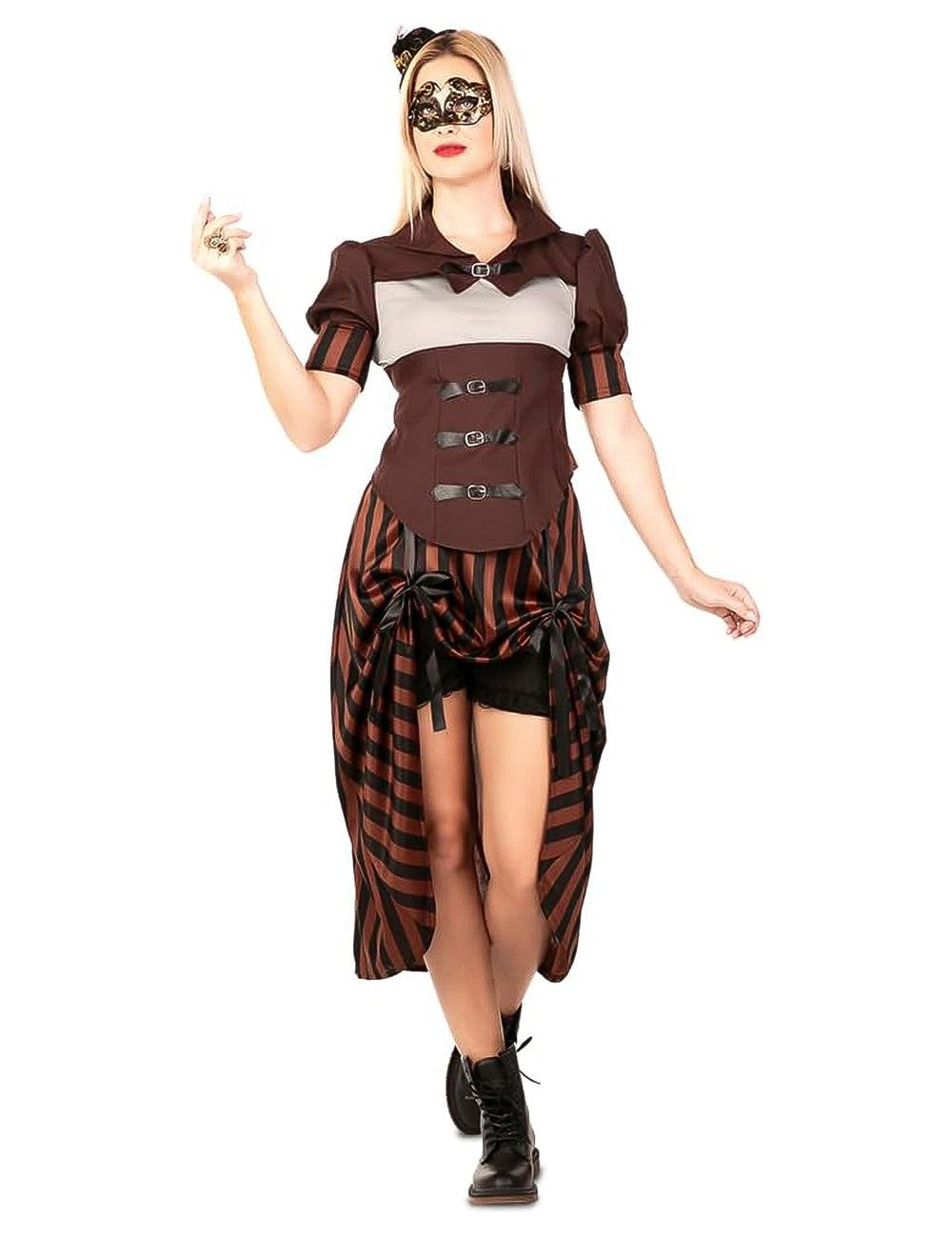 Vue de face avec accessoires du déguisement steampunk pour femme