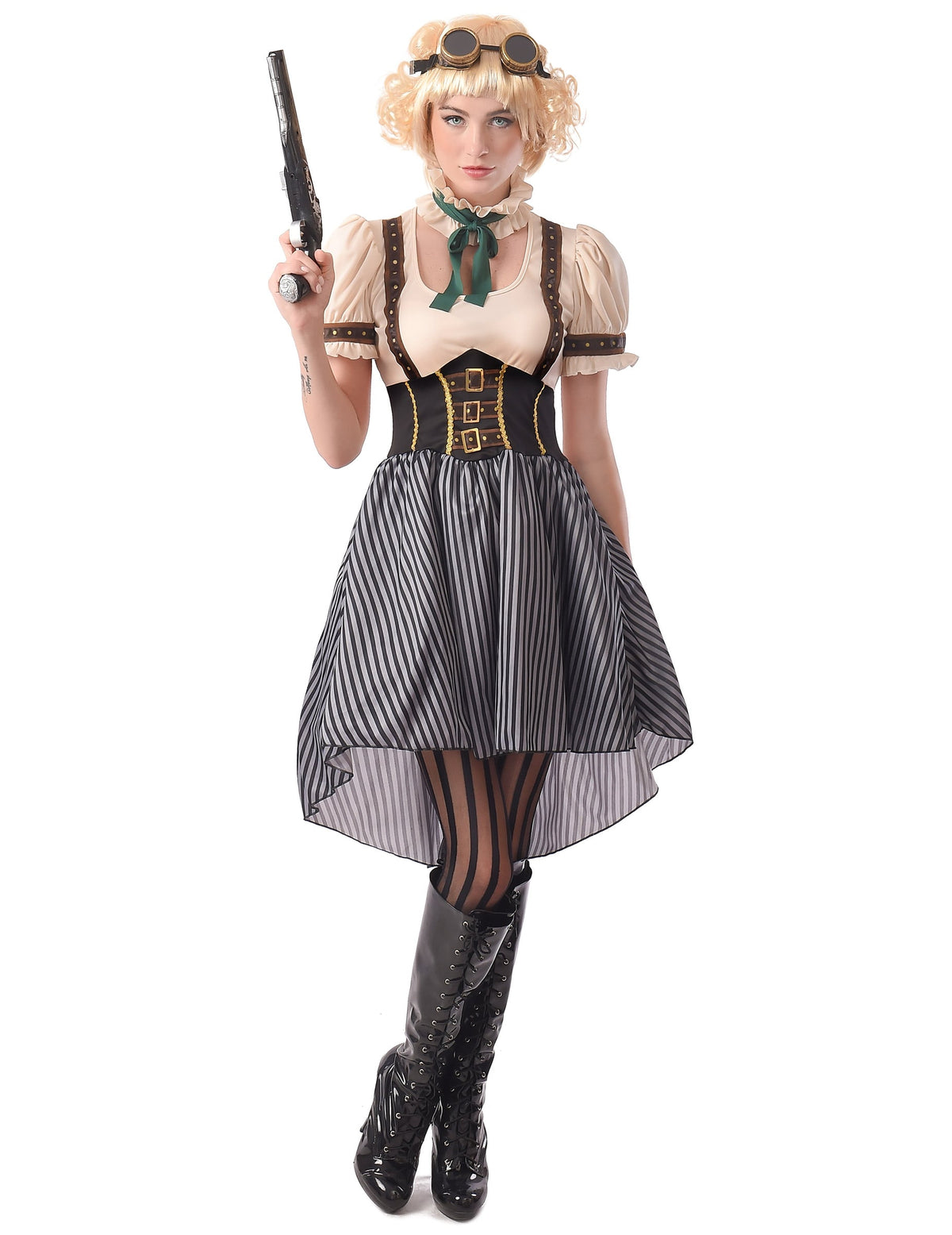 Déguisement steampunk pour femme beige et noir avec jupe à rayures