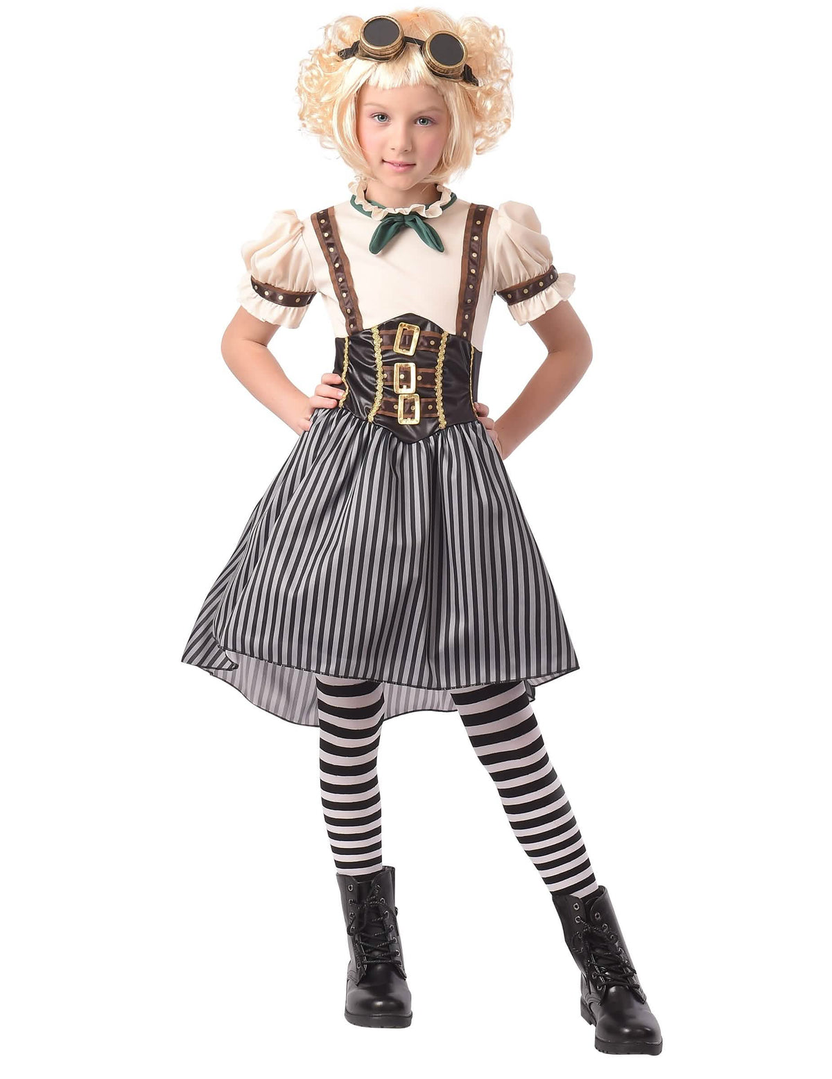 Fato steampunk para menina às riscas em black and white com corpete e óculos