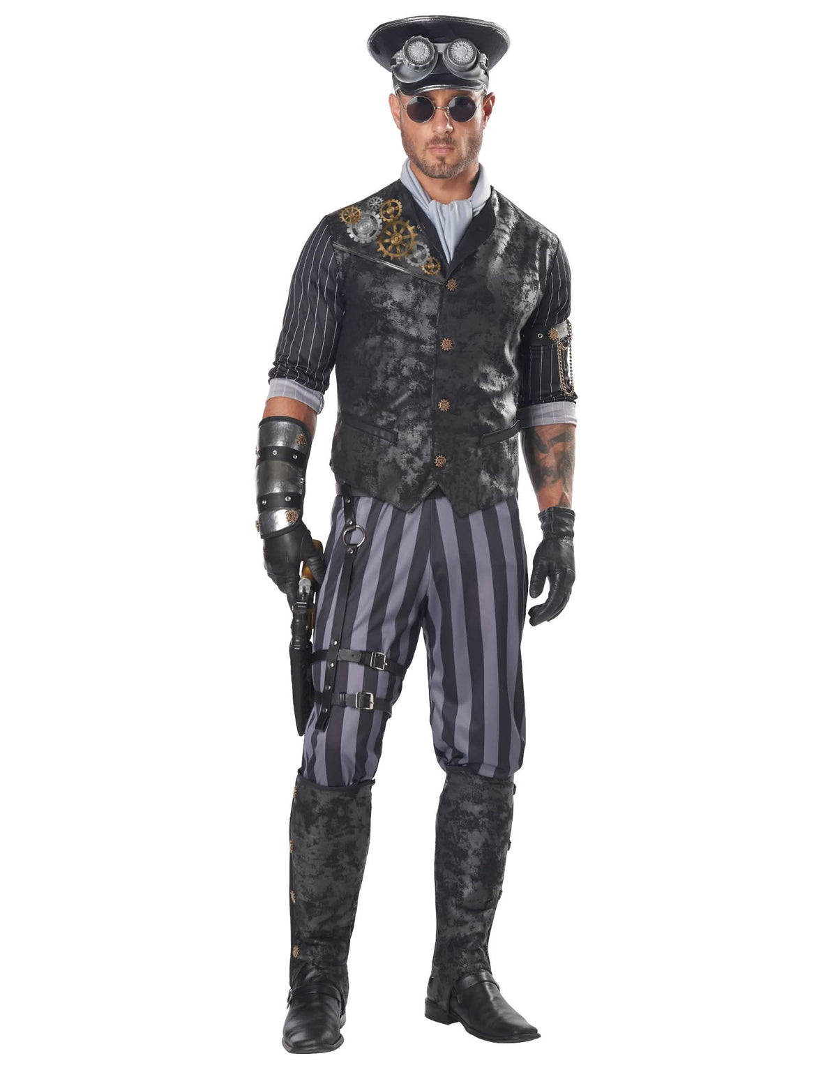Fato de capitão steampunk para homem preto e cinzento com detalhes de engrenagens