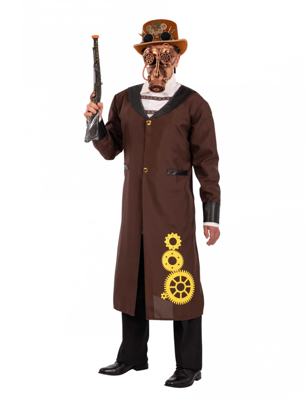 Fato steampunk para homem castanho com motivos de engrenagens