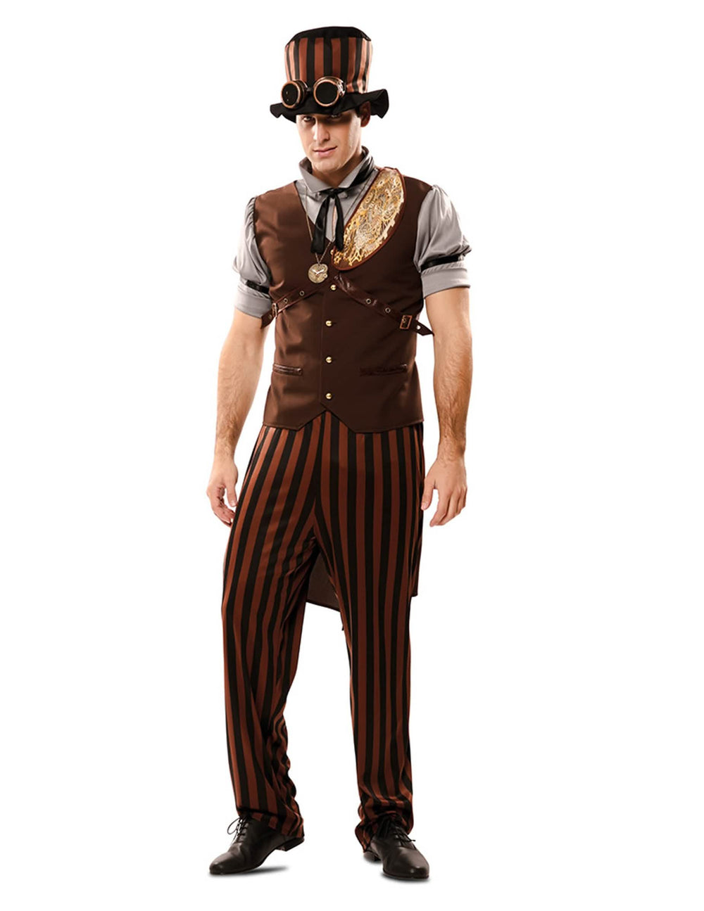 Fato steampunk para homem castanho e preto às riscas com chapéu e óculos
