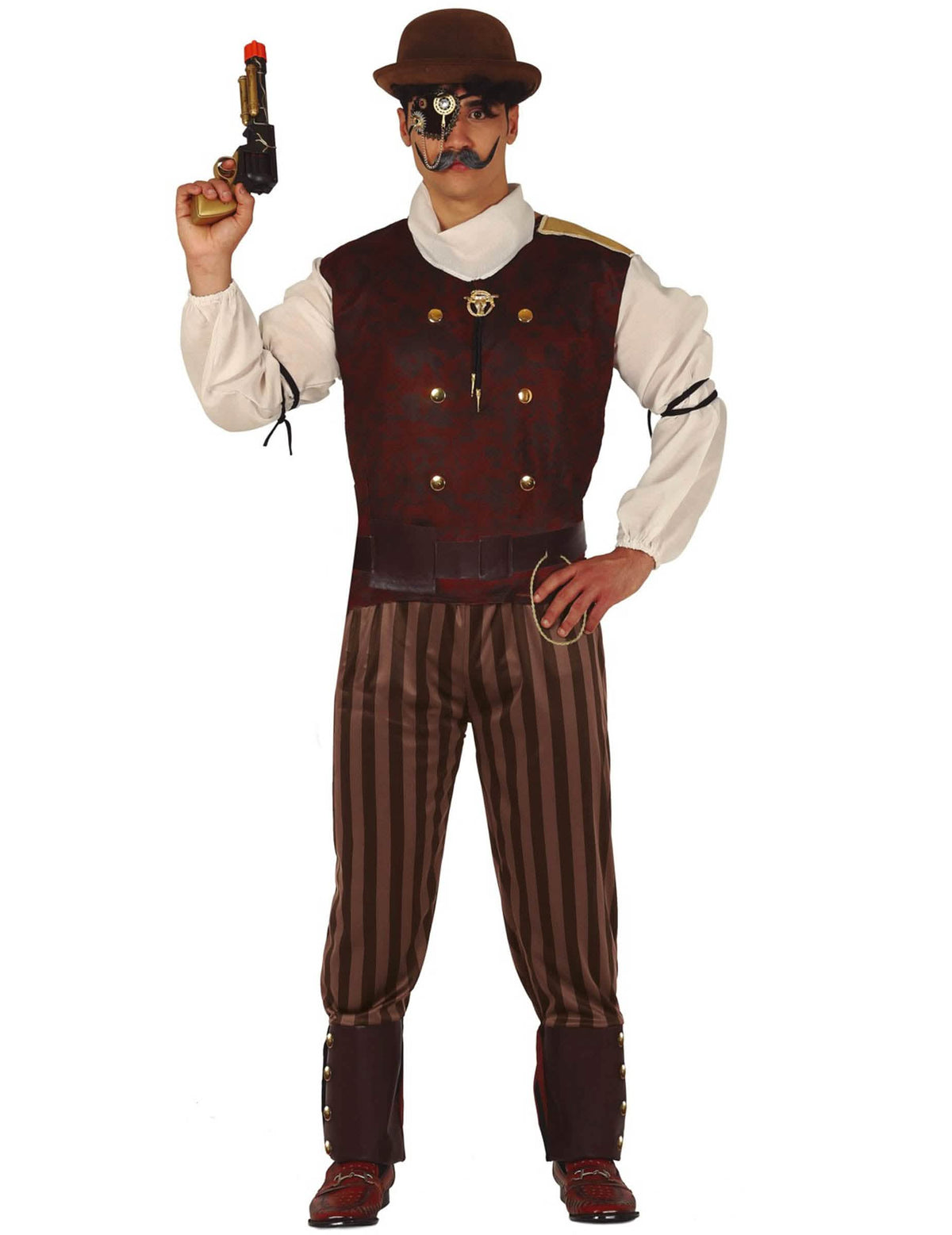 Fato steampunk para homem castanho e bordeaux com calças às riscas
