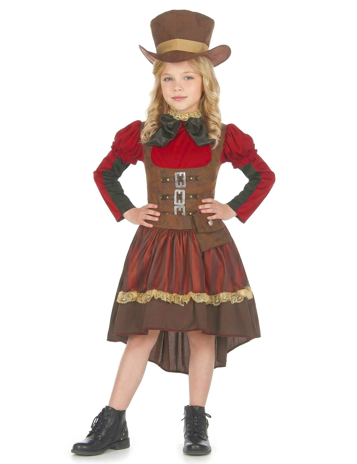 Vista frontal vestida do disfarce steampunk luxo para menina