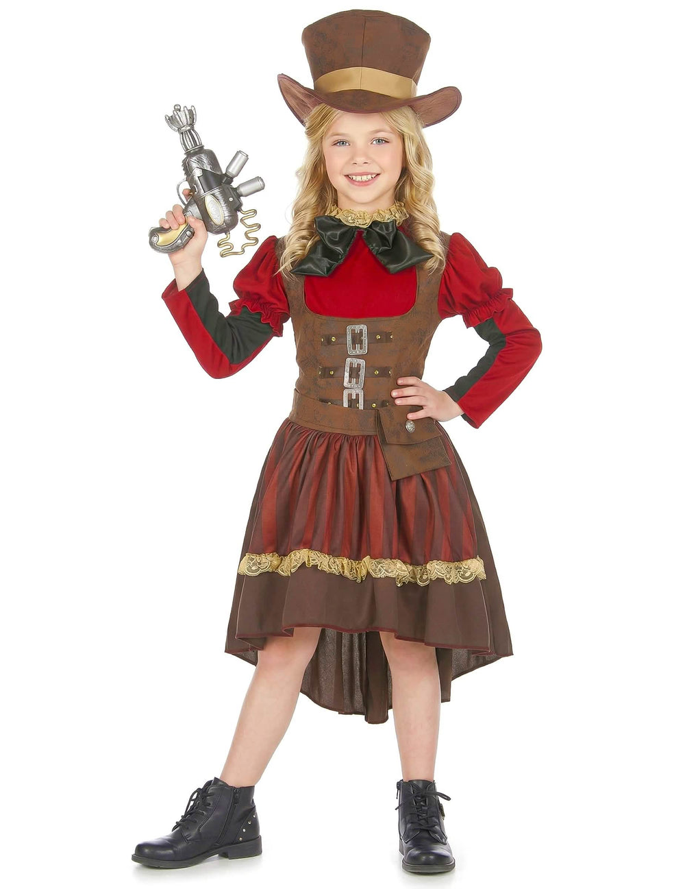 Fato steampunk de luxo para menina castanho e vermelho com cartola