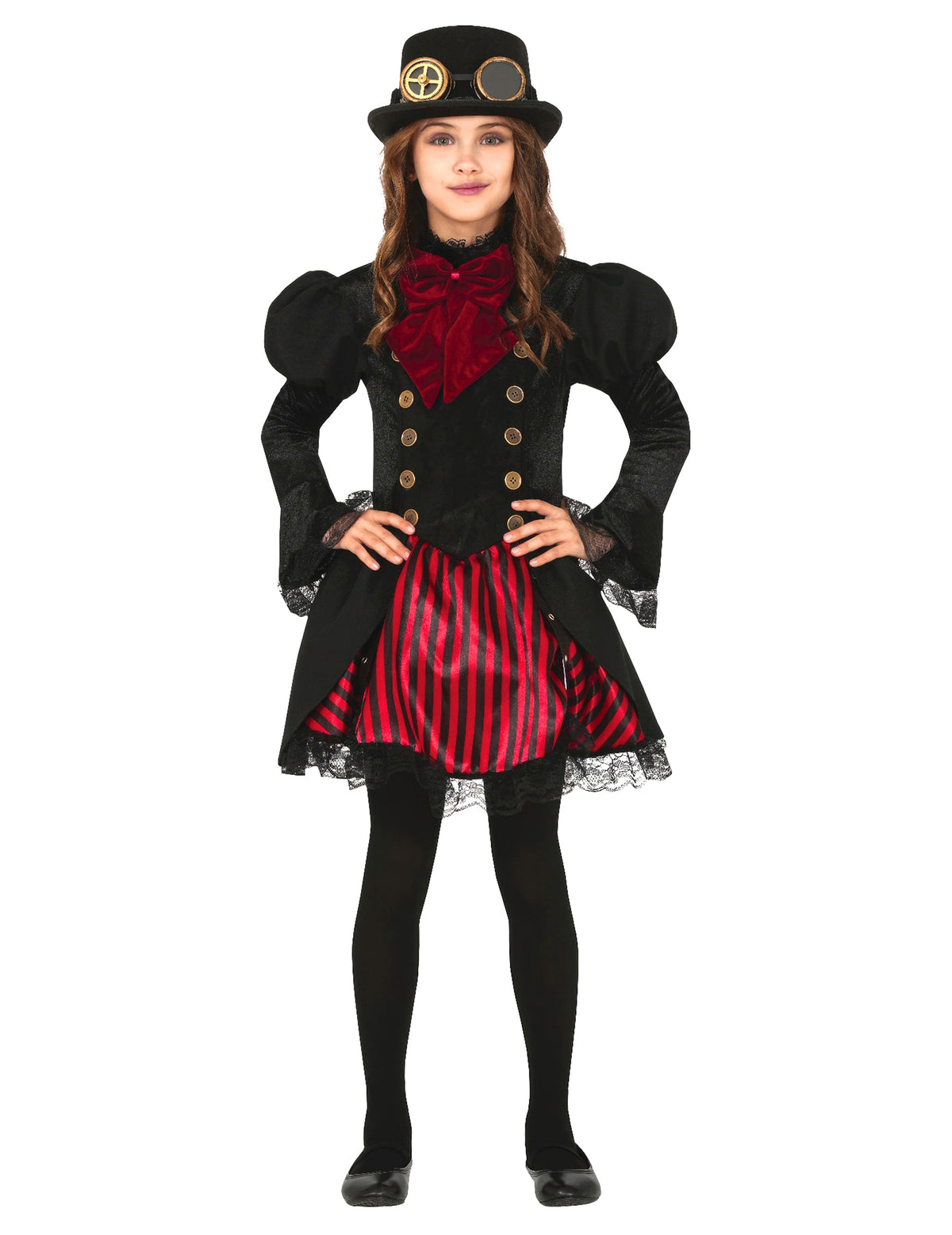 Déguisement Steampunk rouge glamour pour fille noir et rouge avec chapeau haut-de-forme