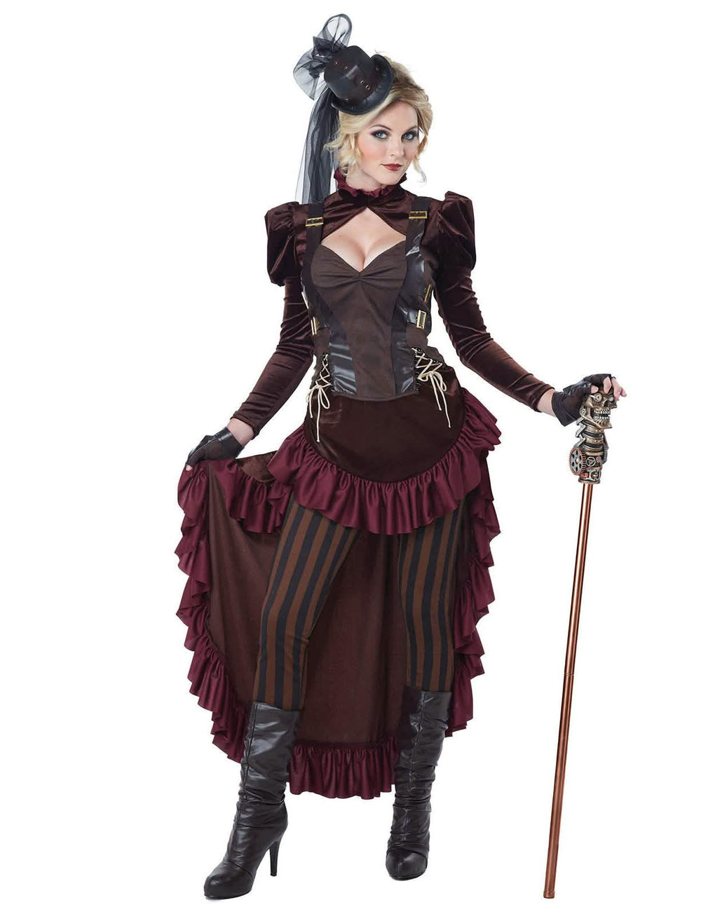 Disfarce steampunk sexy para mulher castanho e bordeaux com mini cartola