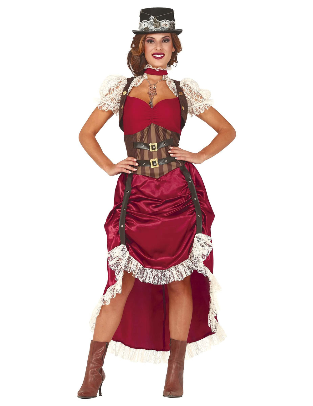 Fato steampunk sexy de mulher vermelho com corset e chapéu