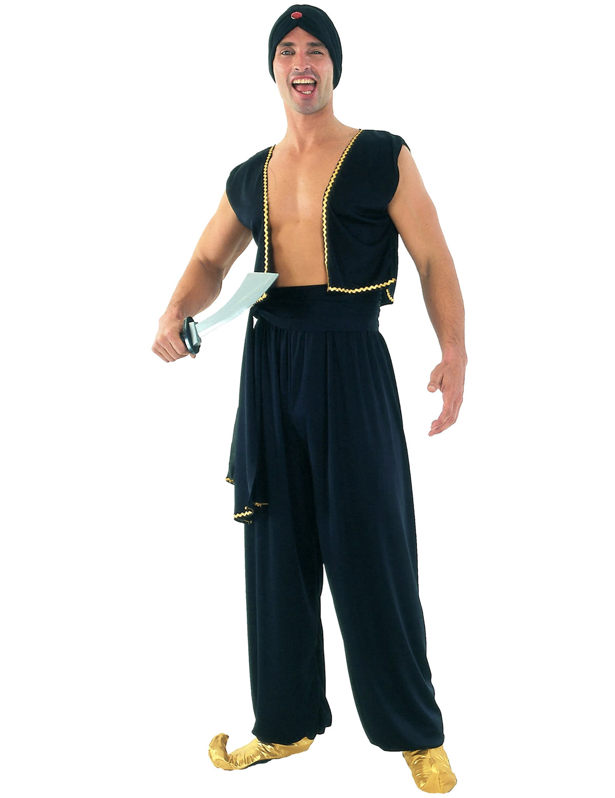 Déguisement de sultan arabe pour homme noir avec finitions dorées et turban