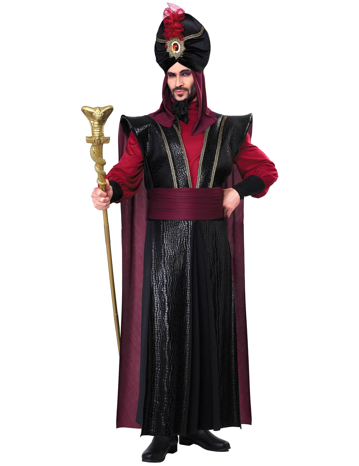 Fato de sultão do mal luxo para homem preto e bordeaux com turbante e cetro serpente