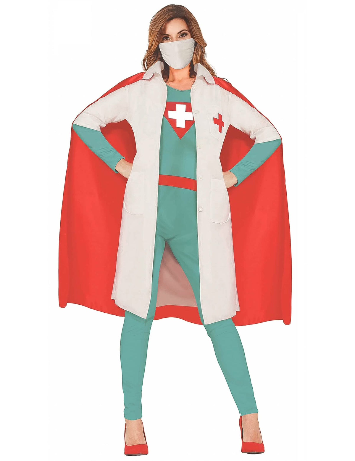 Fato de super doutora para mulher branco, vermelho e azul-pato com capa e máscara