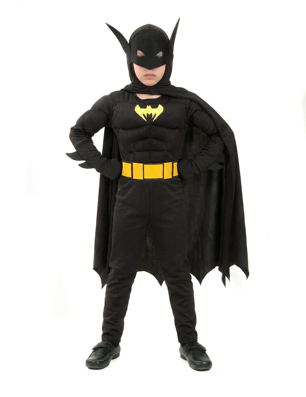 Déguisement super héros chauve-souris pour garçon noir avec ceinture et logo jaunes