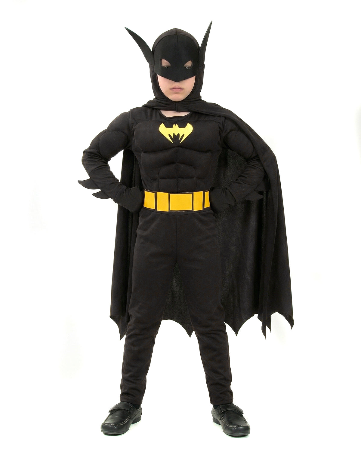 Déguisement super héros chauve-souris pour garçon noir avec ceinture et logo jaunes