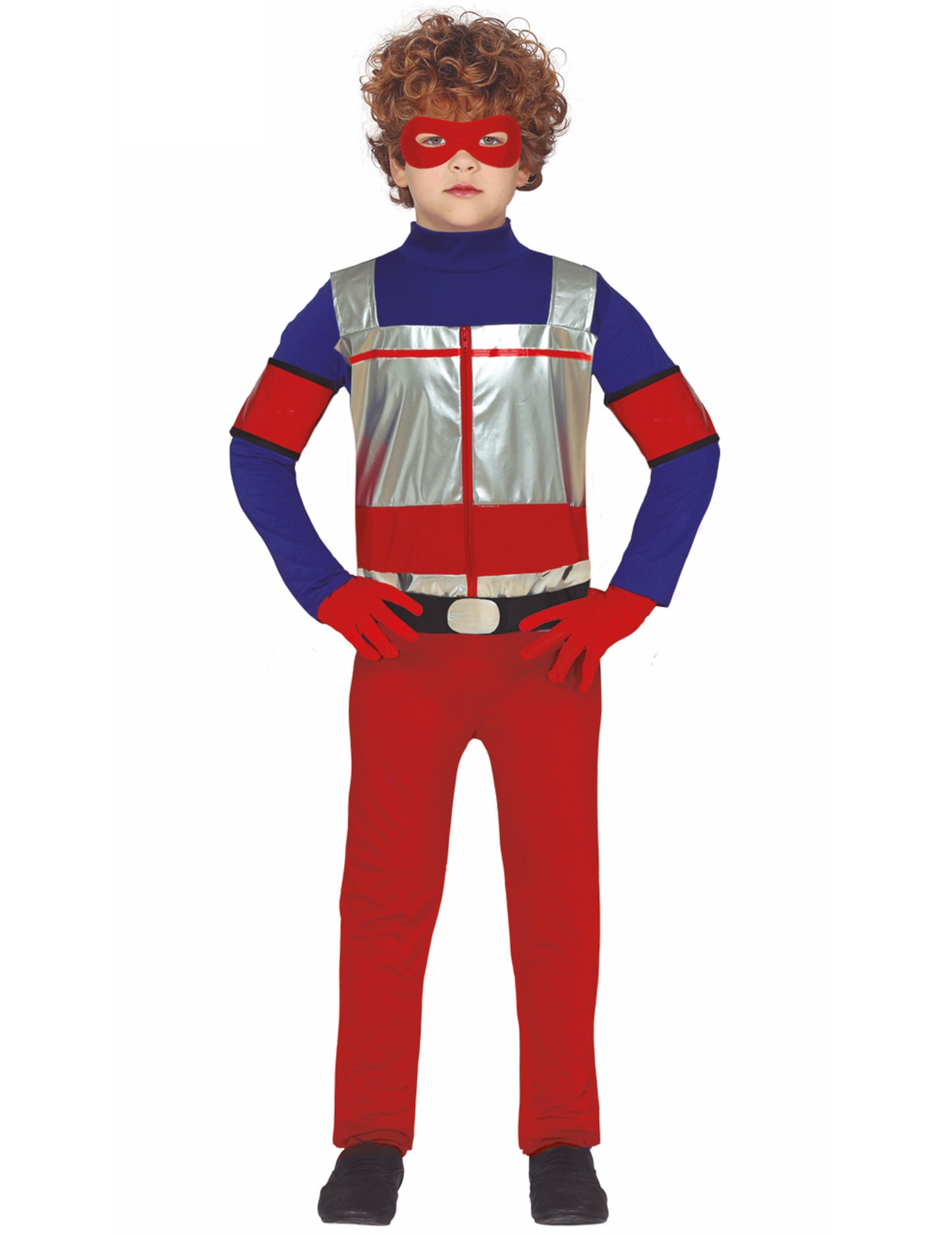 Déguisement de super héros pour enfant rouge et bleu avec veste argentée et masque