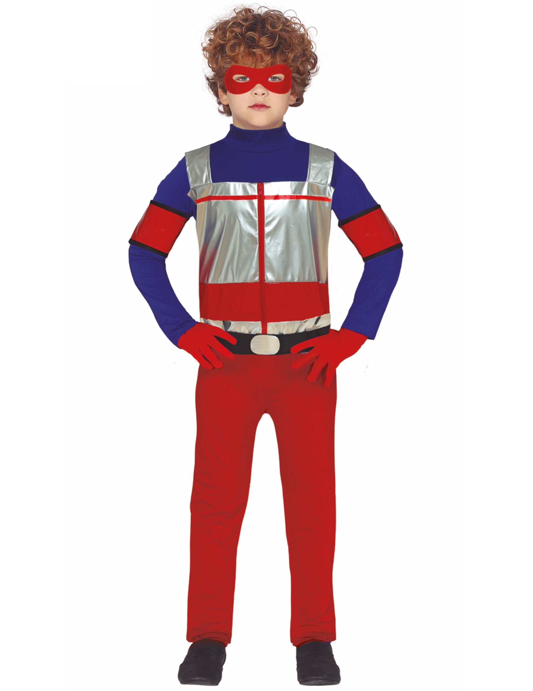 Déguisement de super héros pour enfant rouge et bleu avec veste argentée et masque