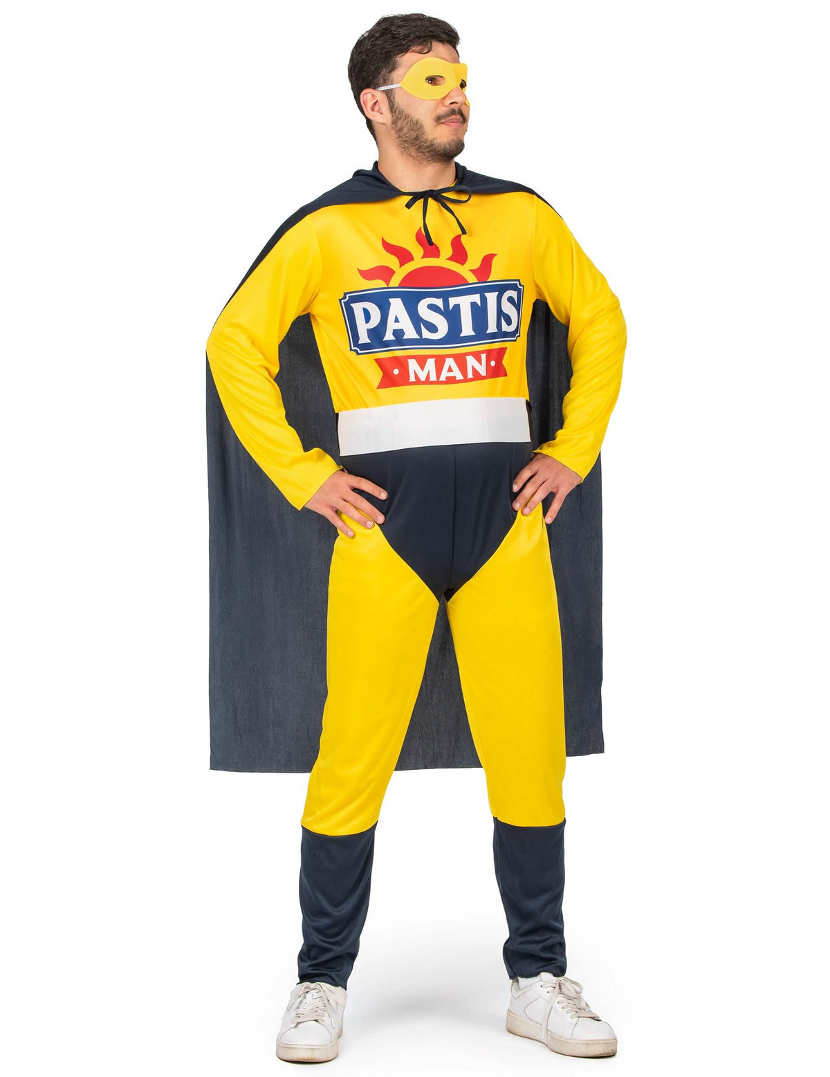 Fato de Super Pastis Man para homem amarelo e azul-marinho com capa e máscara