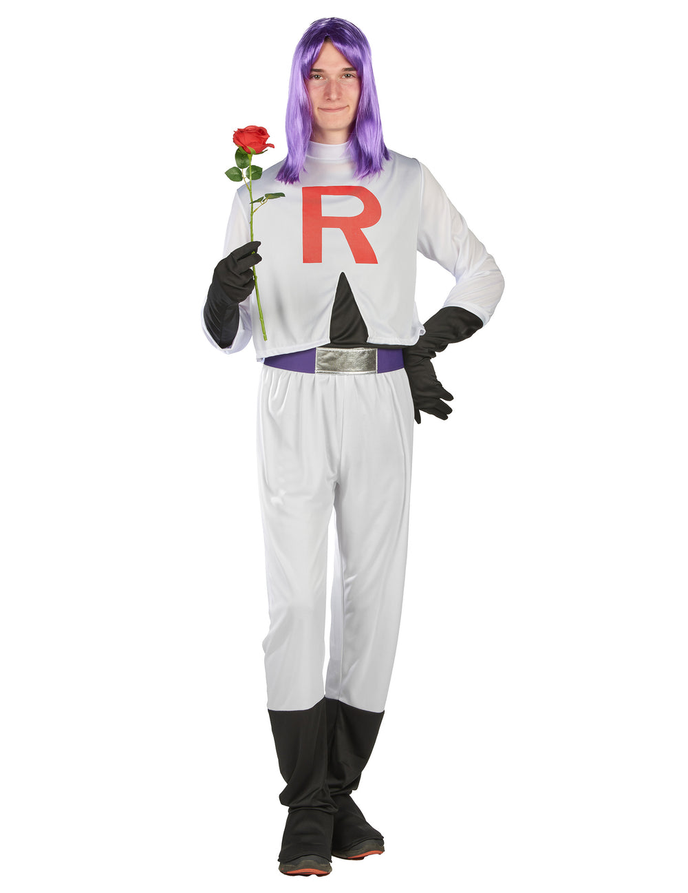 Déguisement de super vilain manga pour homme blanc avec logo R rouge et perruque violette