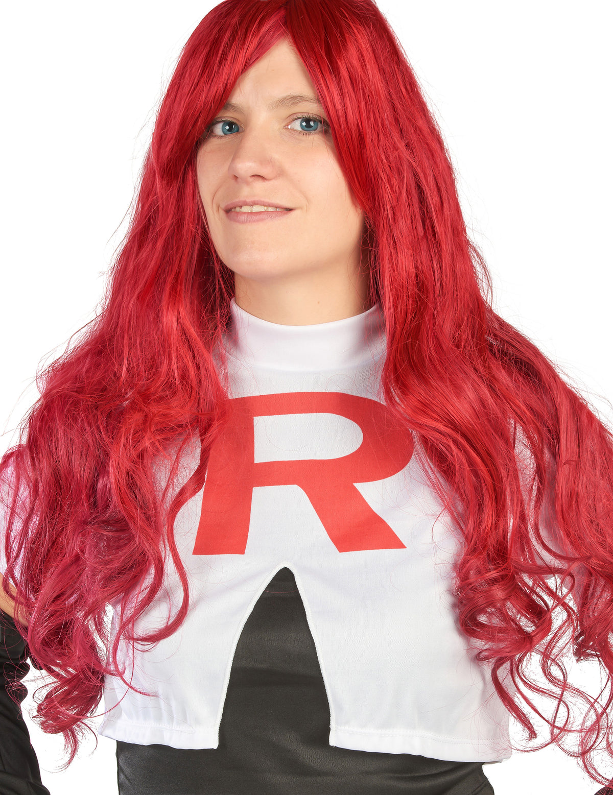 Détail de la perruque rouge et du haut du déguisement de super vilaine manga