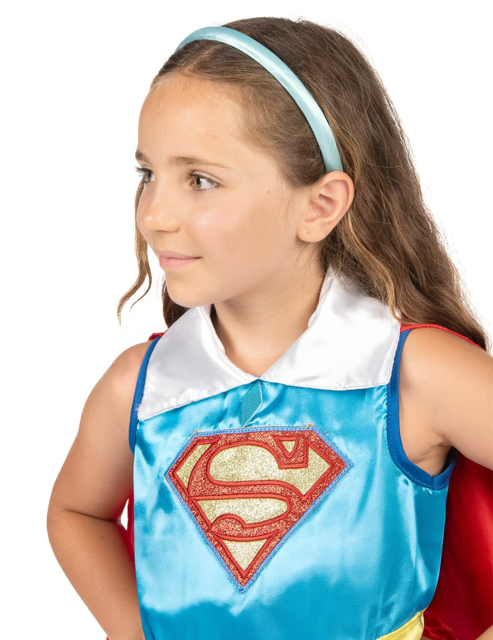 Vista de perfil do disfarce Supergirl DC Super Hero Girl