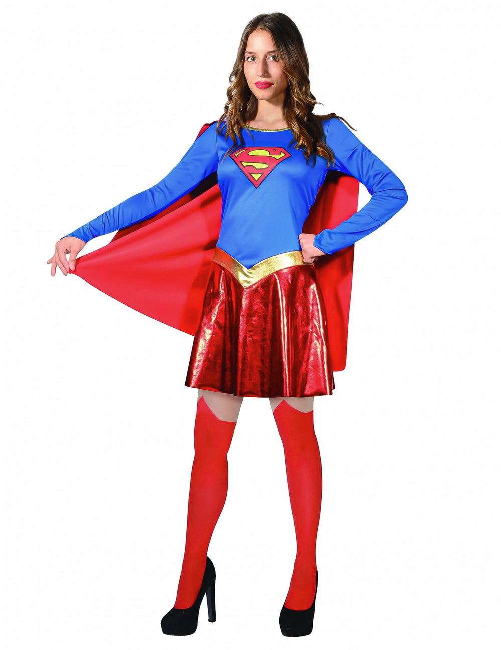 Déguisement Supergirl™ pour femme bleu et rouge avec cape et jupe brillante