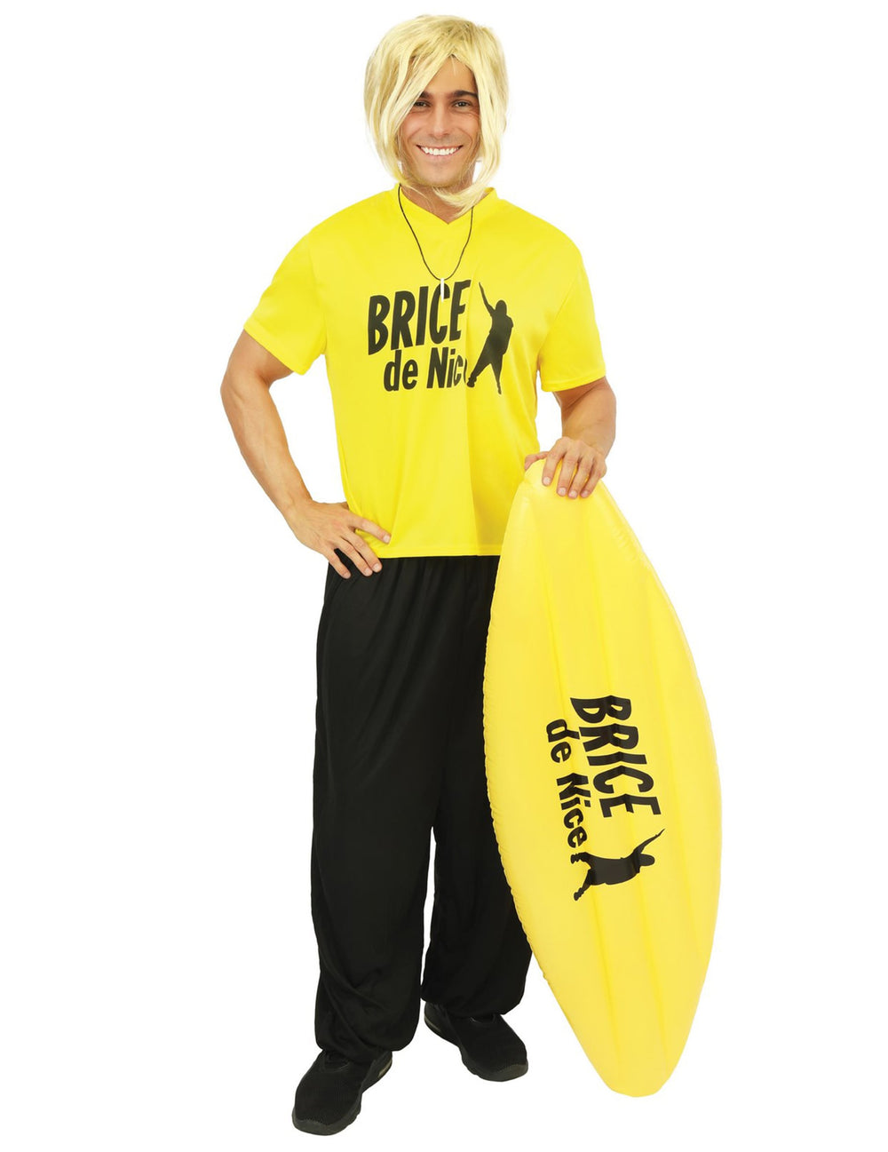 Déguisement surfeur Brice de Nice™ pour adolescent jaune et noir avec planche de surf gonflable