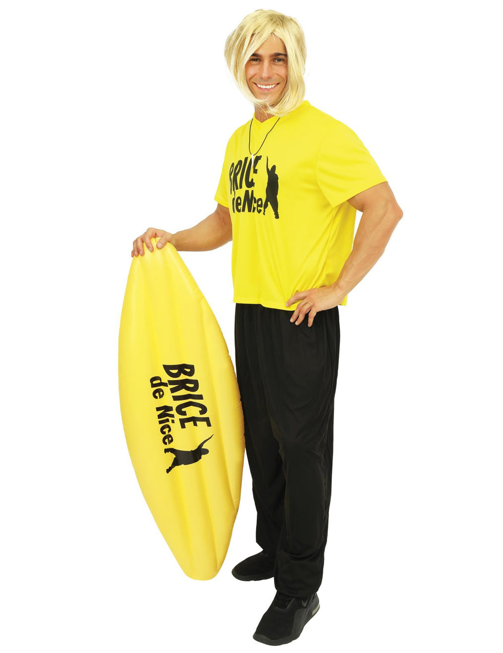 Vue de face avec planche de surf du déguisement surfeur Brice de Nice™