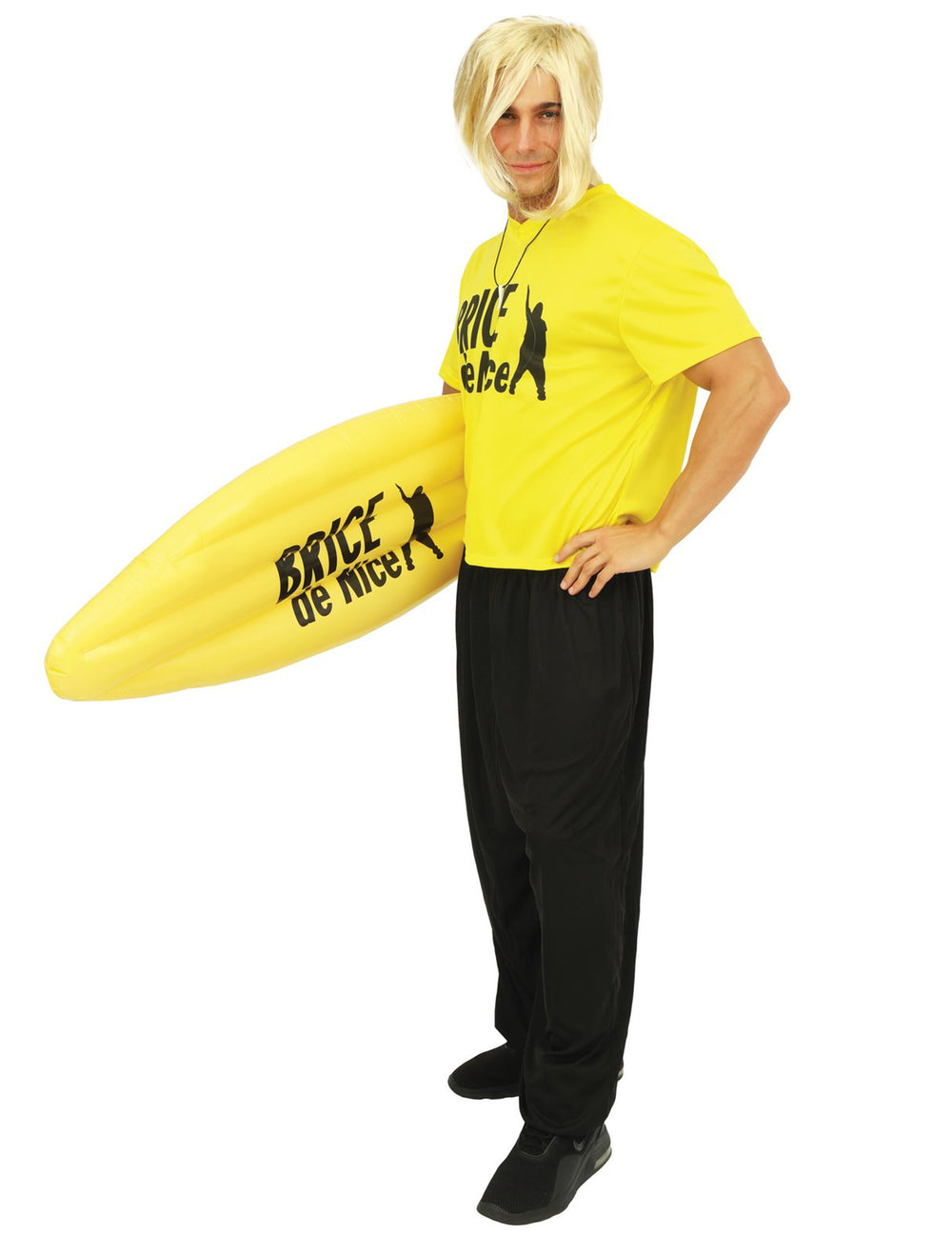 Déguisement surfeur Brice de Nice™ pour homme jaune avec perruque blonde et planche de surf