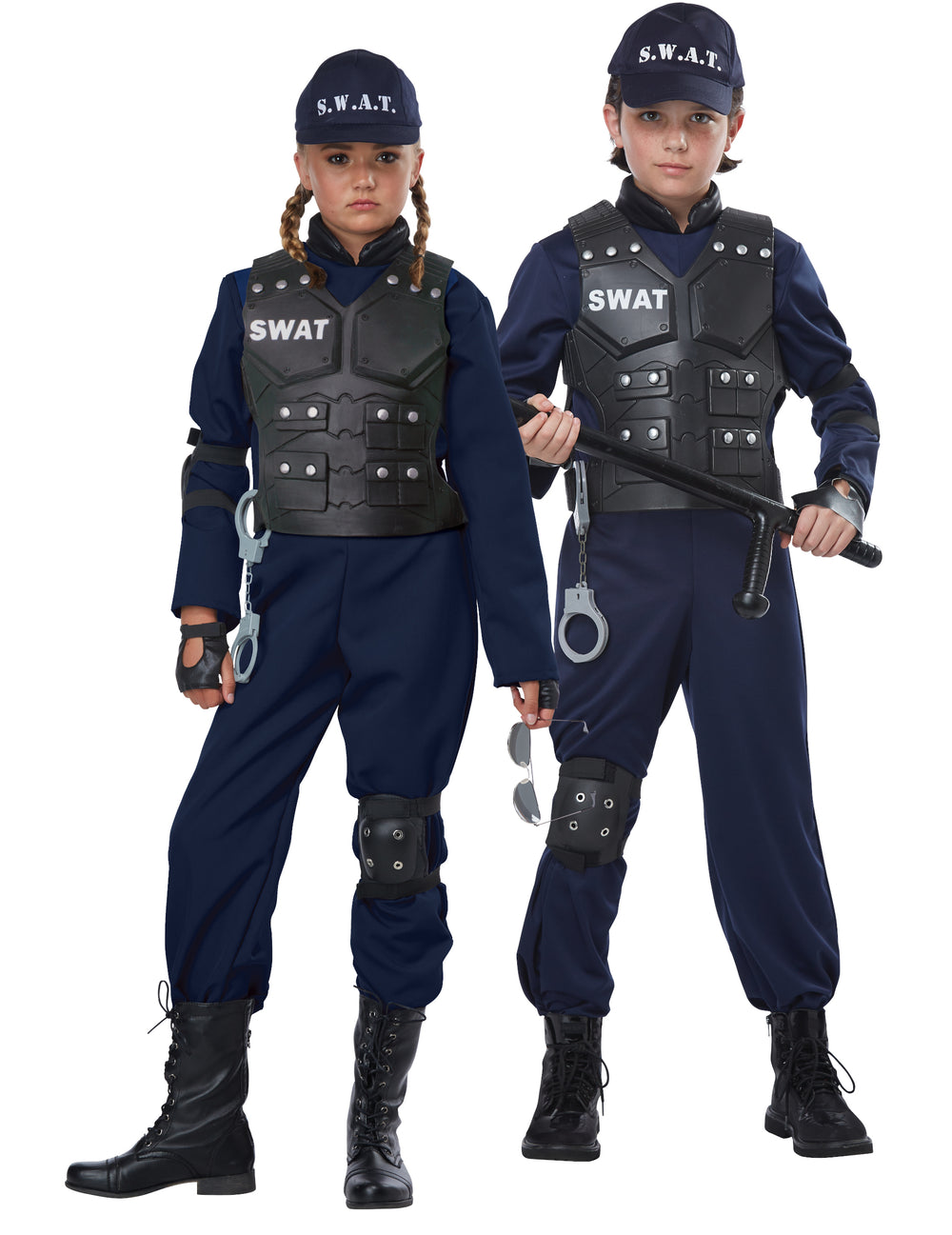 Détail du gilet et des accessoires du déguisement SWAT luxe pour enfant
