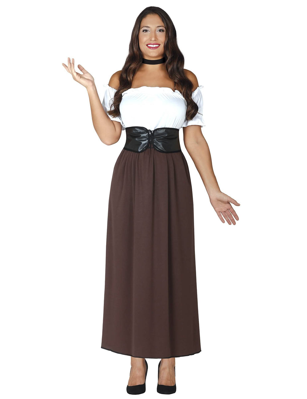 Fato de taberneira medieval para mulher branco e castanho com cinto preto