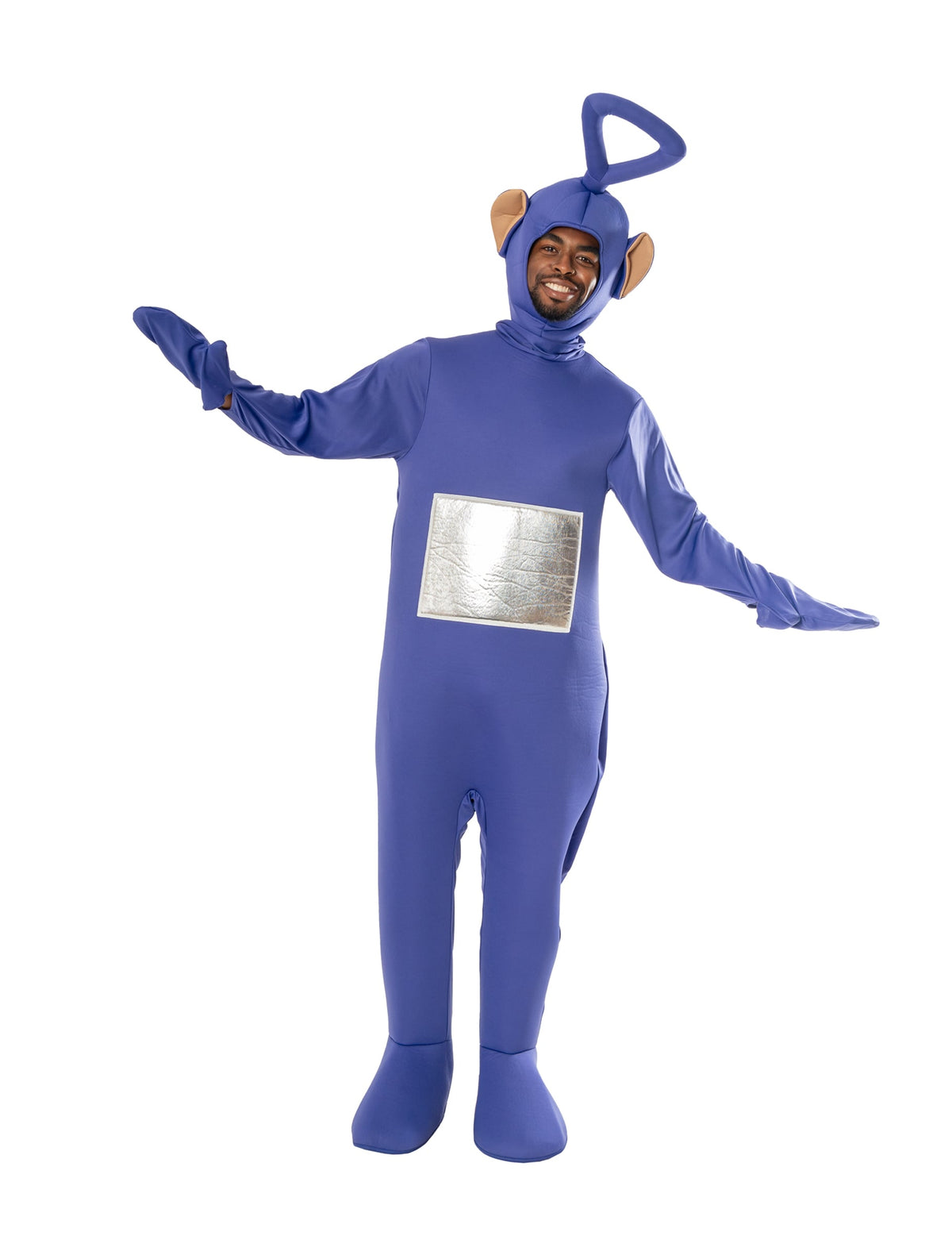 Vue de face avec bras ouverts du déguisement Teletubbies Tinky Winky pour adulte