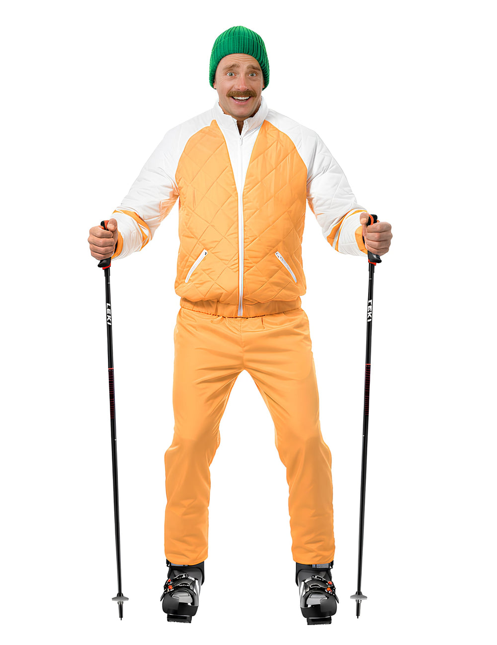 Déguisement tenue de ski Jean Claude Dusse pour adulte orange et blanc avec bonnet vert