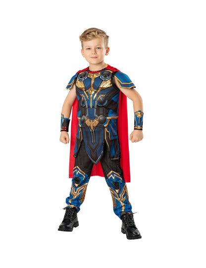 Déguisement Thor luxe Love and Thunder pour enfant bleu et or avec cape rouge