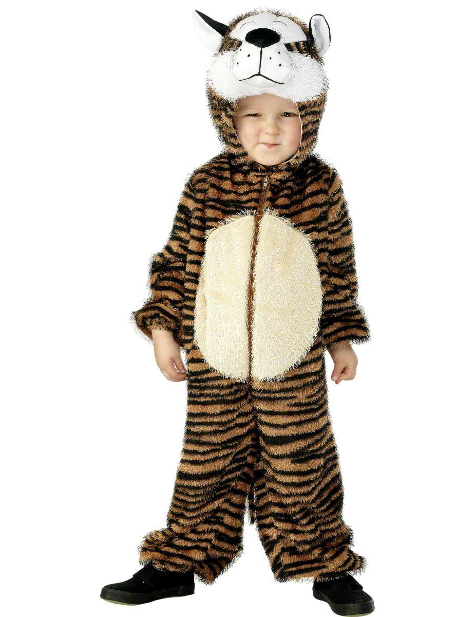 Déguisement tigre rigolo pour enfant marron et noir à rayures avec capuche