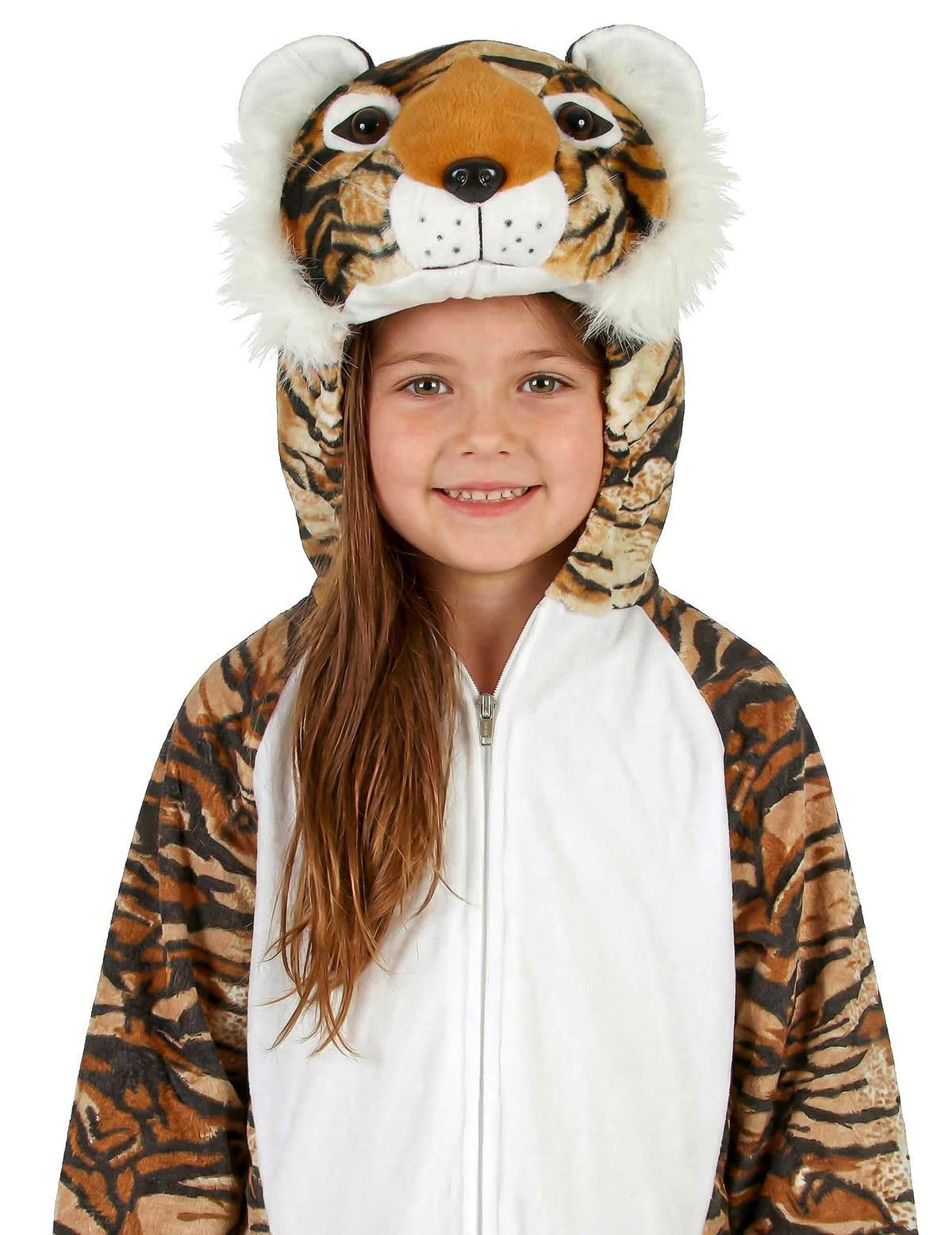 Gros plan sur le visage et la capuche du déguisement tigre réaliste