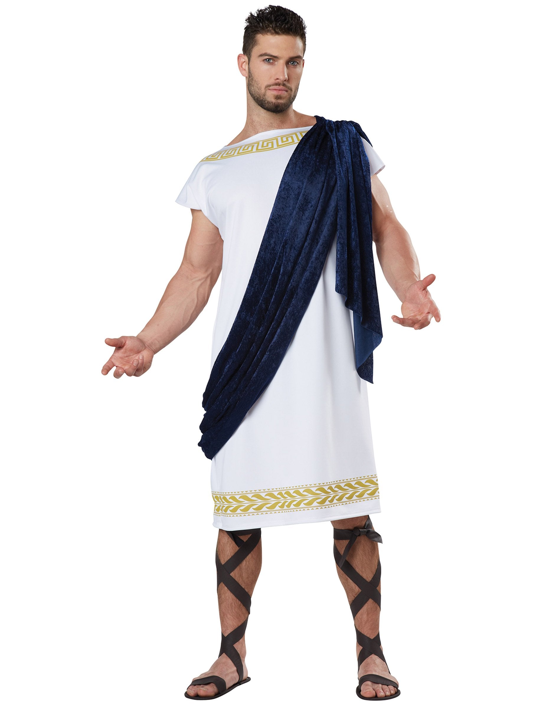 Déguisement toge Grecque luxe pour homme blanc et bleu avec liserés dorés
