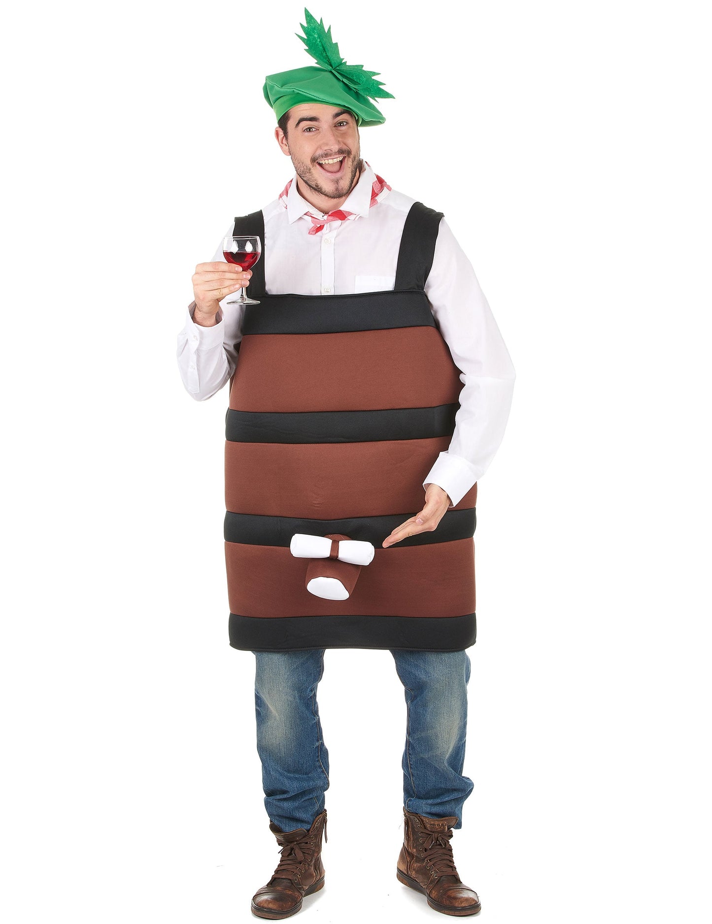 Déguisement tonneau de vin pour adulte marron et noir avec béret vert