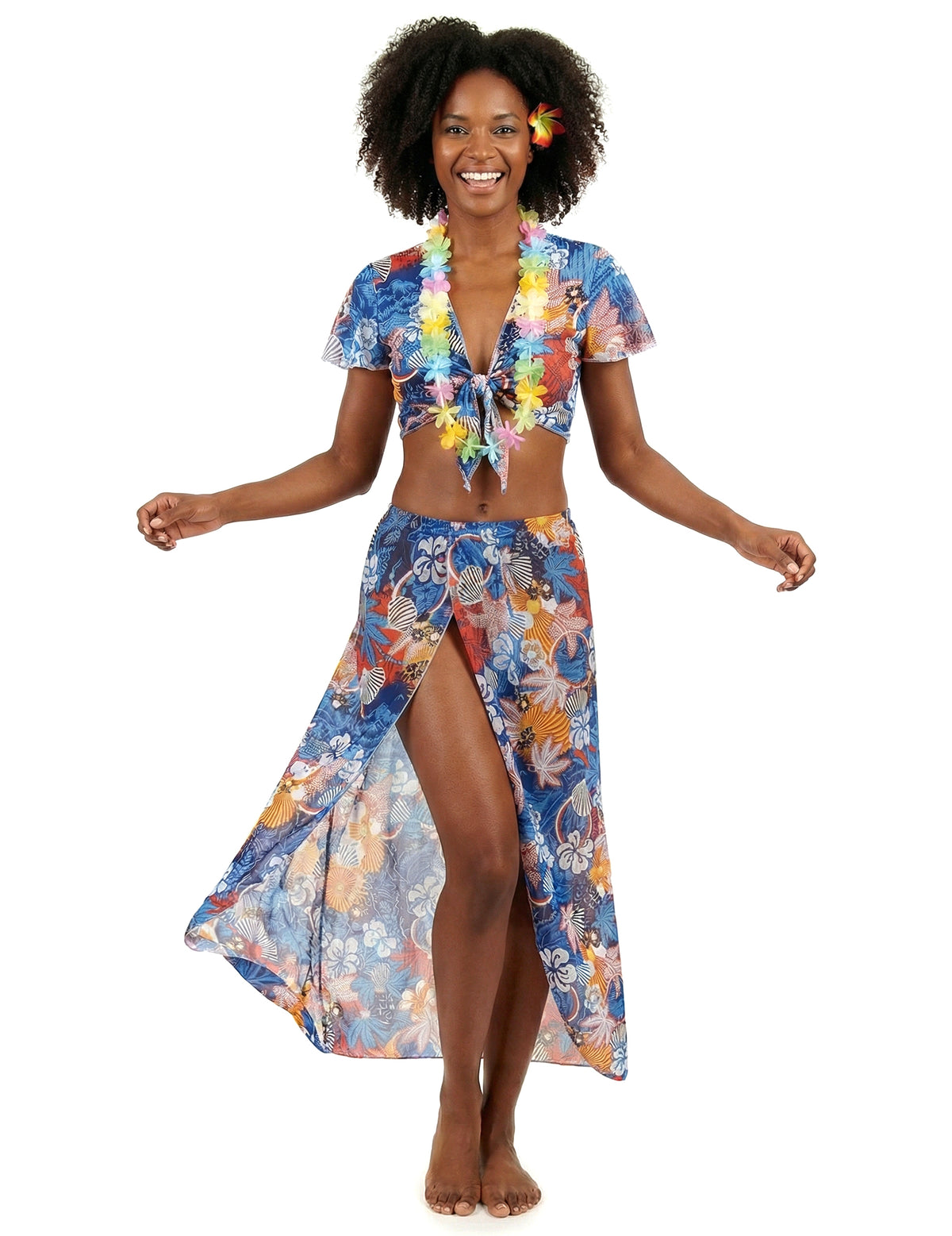 Déguisement touriste hawaïenne pour femme bleu avec motifs floraux et collier de fleurs