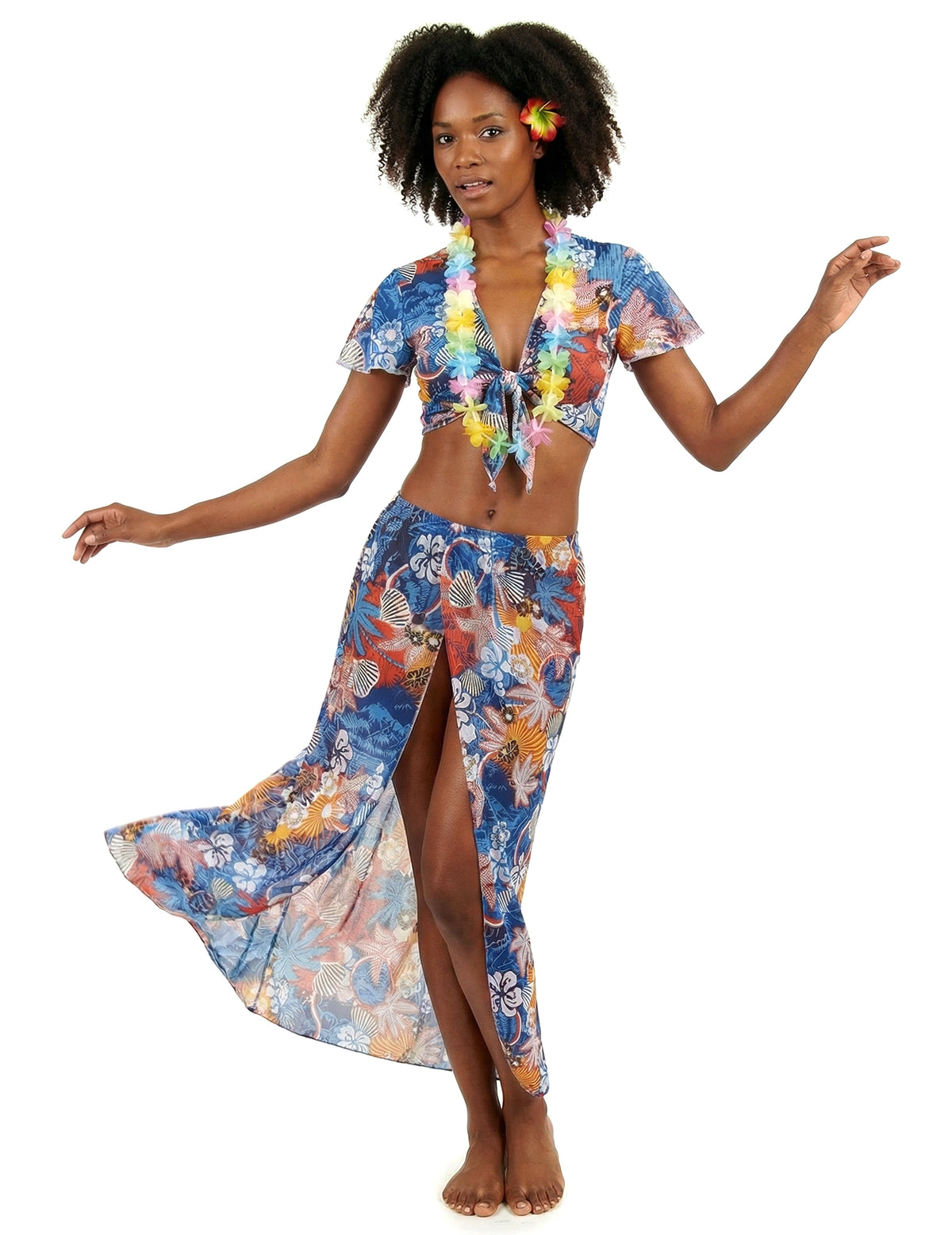 Vue d'ensemble en mouvement du déguisement touriste hawaïenne pour femme