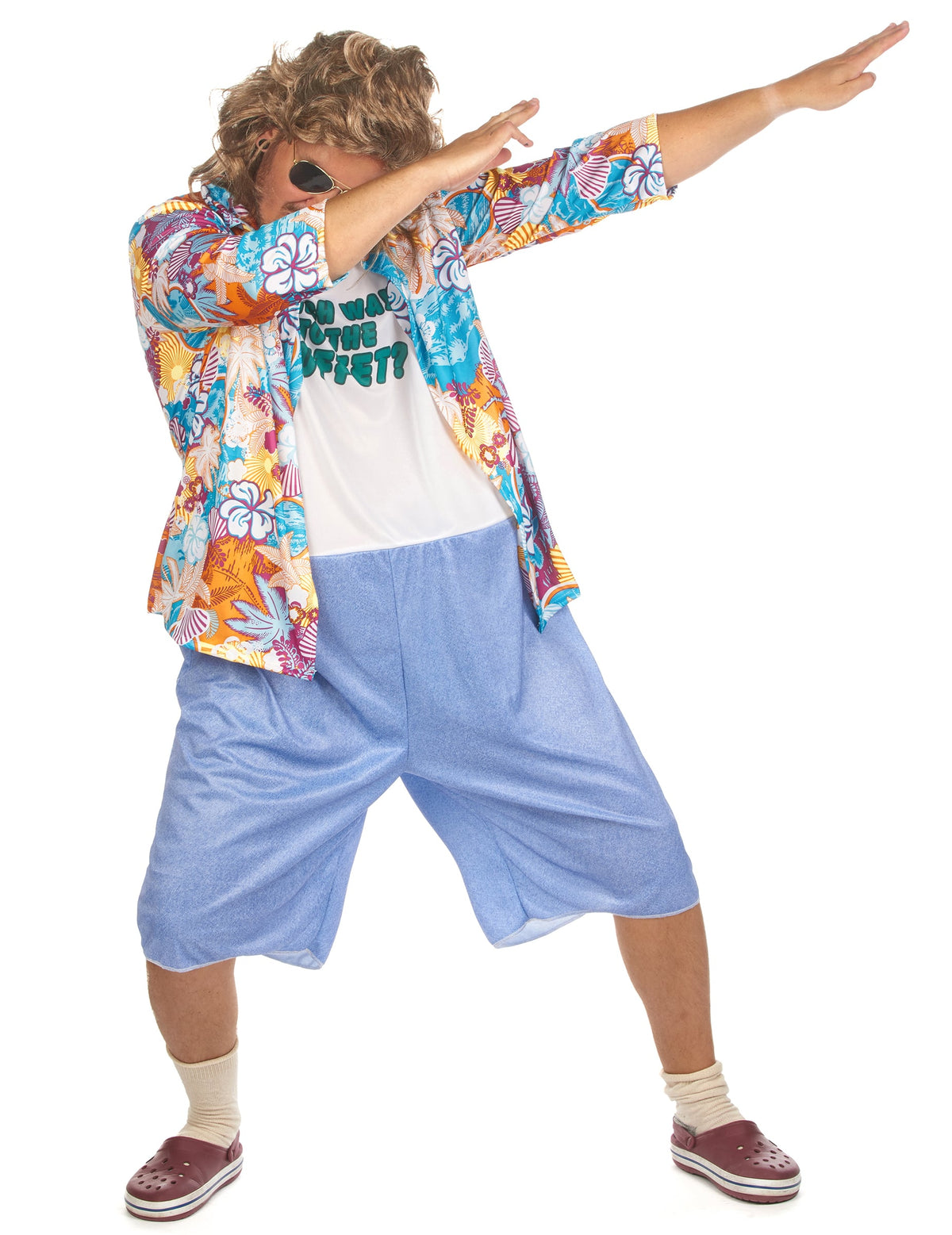 Mise en situation faisant un dab du déguisement touriste kitsch pour adulte