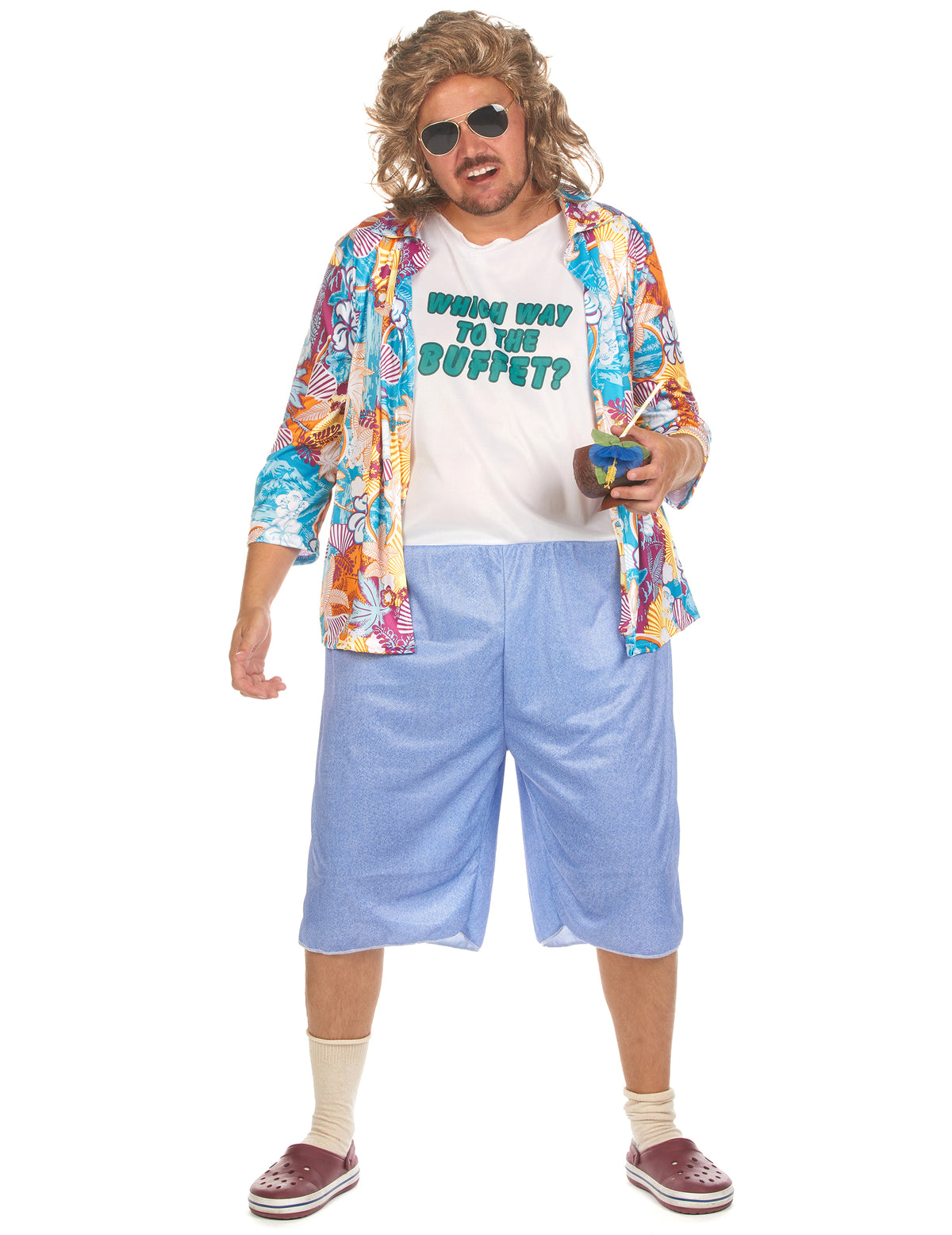 Déguisement touriste kitsch pour adulte bleu et multicolore avec chemise à fleurs