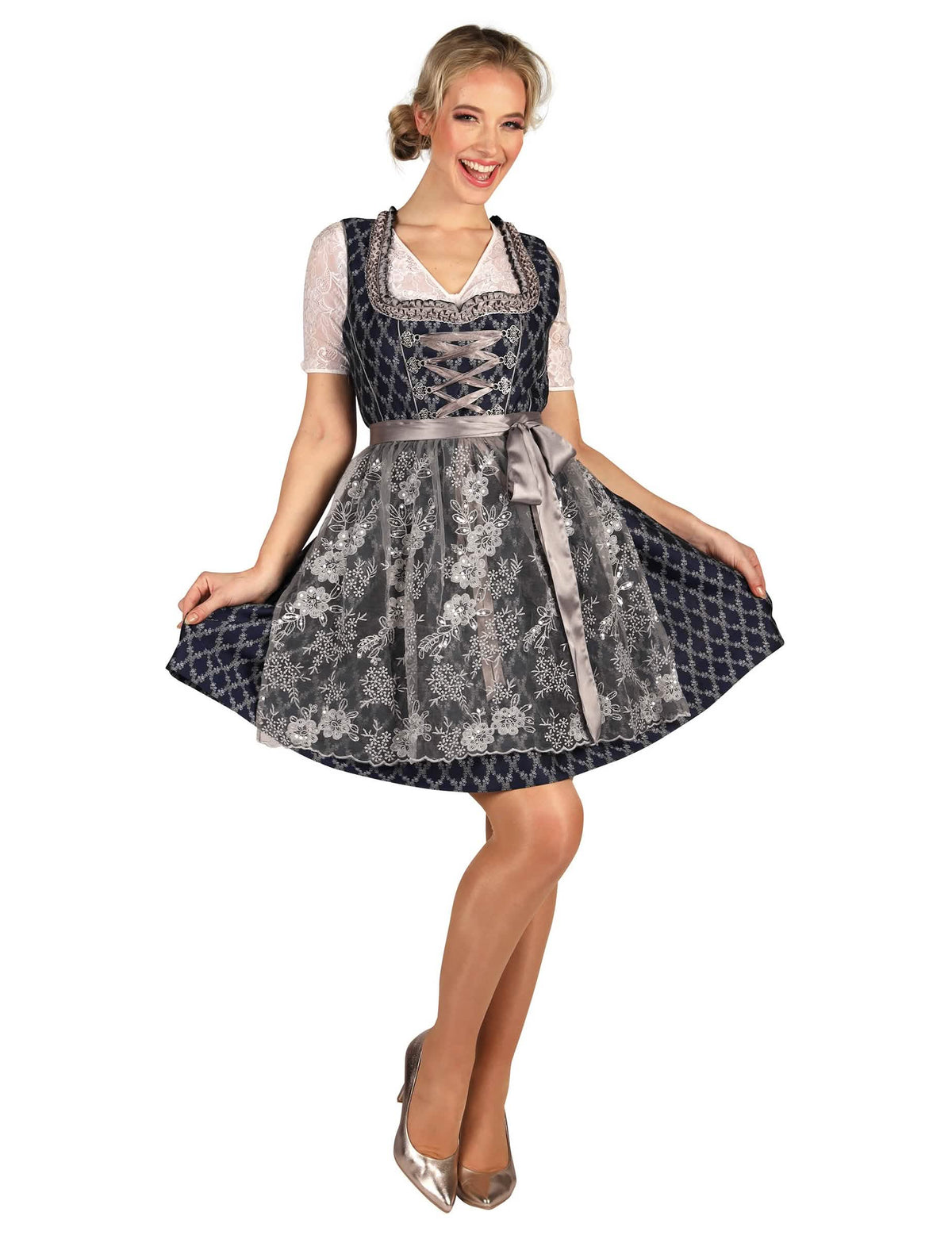 Fato tradicional bávaro azul e prata premium para mulher