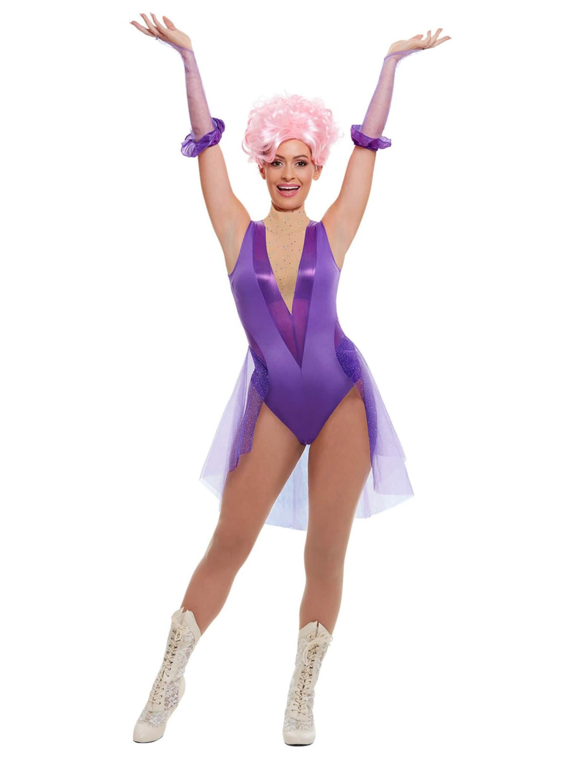 Fato de trapézista de circo para mulher roxo com body e véus transparentes